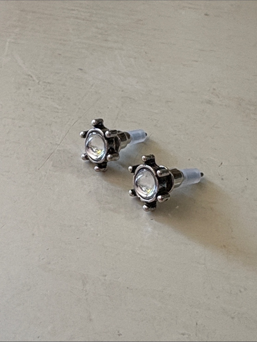 Small Silver Tone Sun Stud Earrings with Opalescent Stones